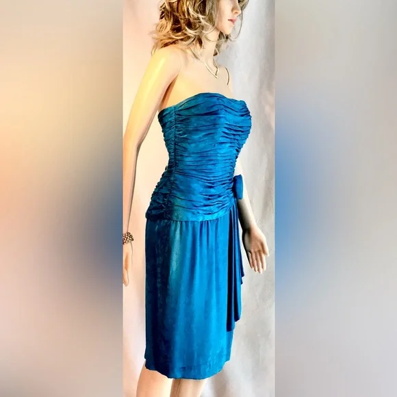 AJ BARI Vintage Blue Strapless mini cocktail dress Ruching Draping Quiet Luxury - Picture 5 of 13